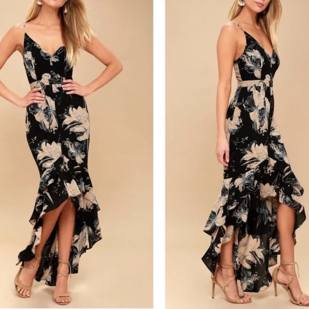 Lulus Darling Daylily Black Floral Print High-Low Maxi Dress Small